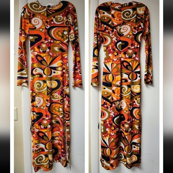 Zara Goovy Multicolored Mod 1970s Style Slit Sides Maxi Dress Long Sleeve Size S - Picture 2 of 16